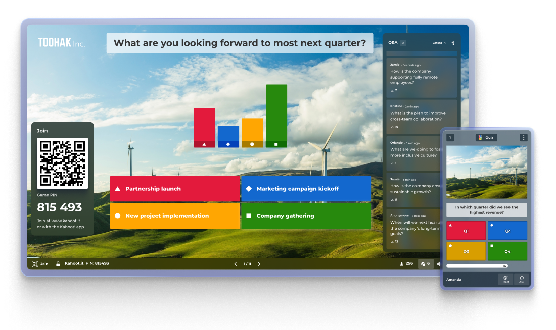 A screenshot of a Kahoot! interactive presentation on a large monitor and a mobile device.